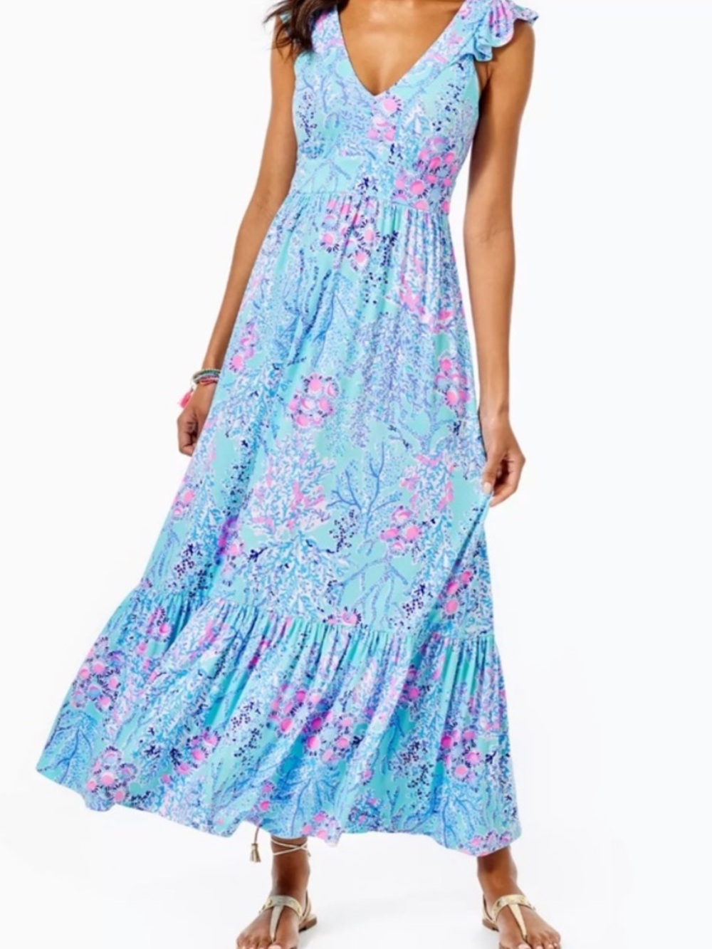 Lilly Pulitzer bohemian preppy ruffle vyra maxi blue long formal dress size 4